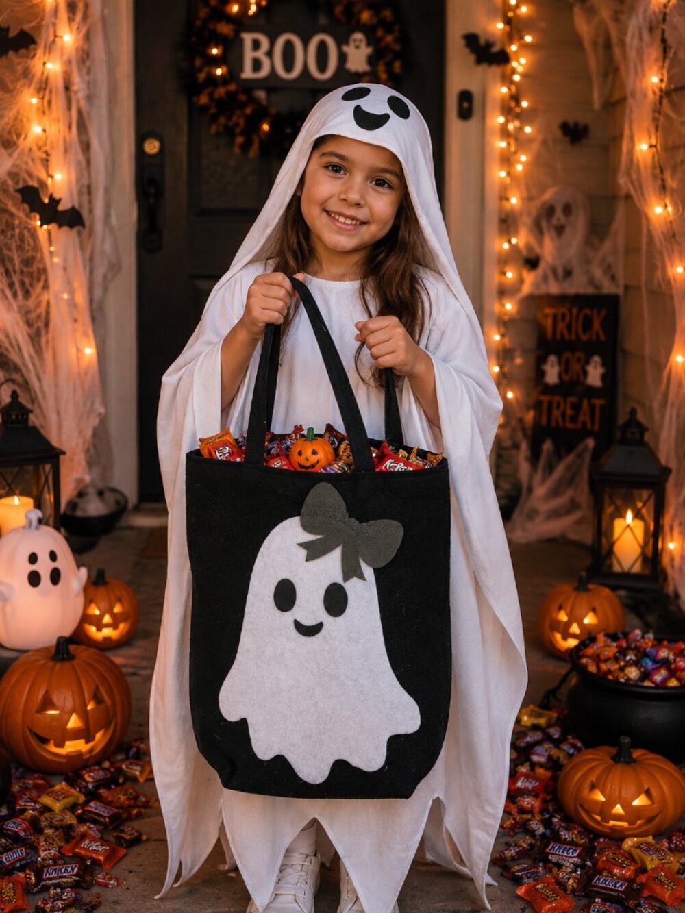 Cute Ghost Halloween Treat bag, Handmade Felt trick or treat Bag, kids Halloween
